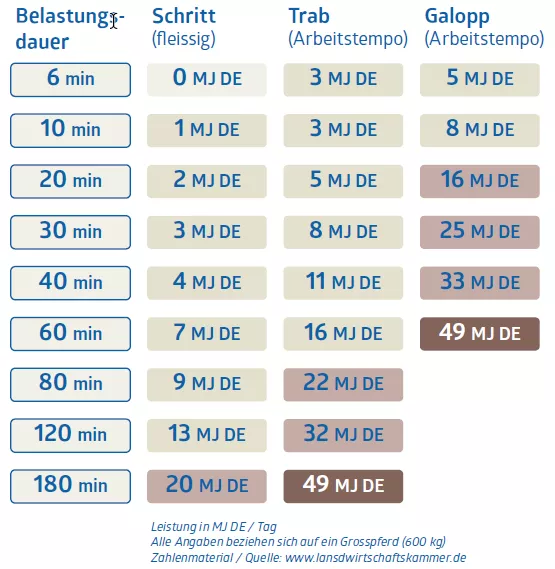 Tabelle Energiebedarf bei Leistung